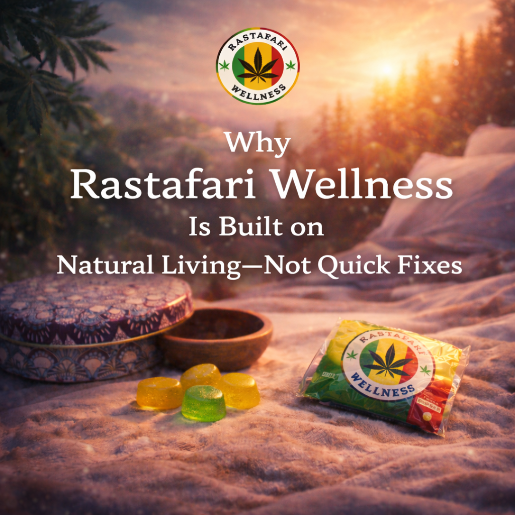 Rastafari Wellness gummies and tin displayed in a serene natural setting promoting natural living and holistic wellness